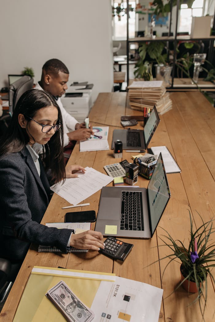 Crafting Captivating Headlines: Your awesome post title goes here Two diverse accountants working at a shared office table using laptops and calculators.